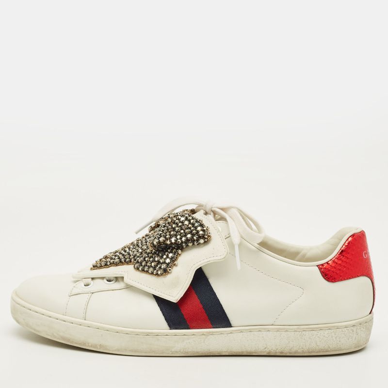 Gucci Ace Size 39 White Leather Embellished Bow Patch Lace Up Sneakers